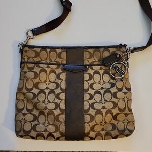 Coach Signature Stripe File  Brown and Tan Shoulder Bag